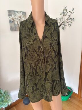 Express Olive Green Snake Print Button-Up Blouse